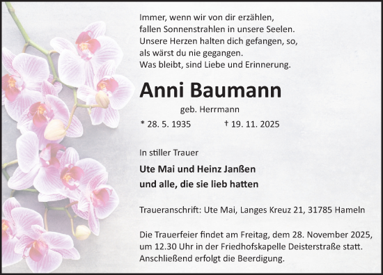 Traueranzeige von Anni Baumann von Deister- und Weserzeitung