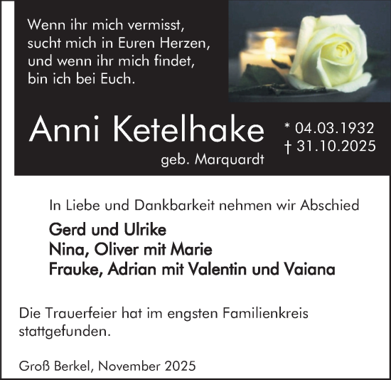 Traueranzeige von Anni Ketelhake von Deister- und Weserzeitung