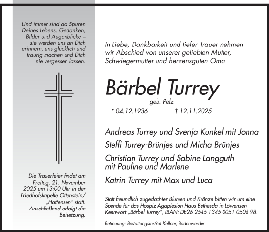 Traueranzeige von Bärbel Turrey von Deister- und Weserzeitung