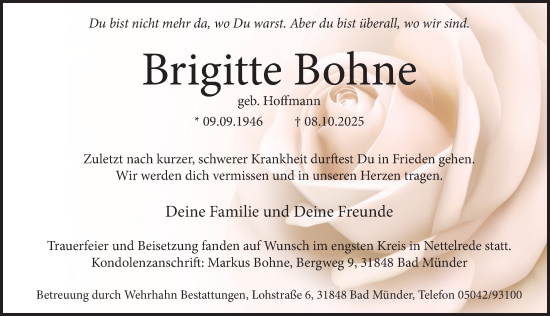 Traueranzeige von Brigitte Bohne von Neue Deister-Zeitung