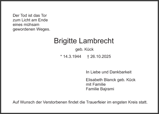 Traueranzeige von Brigitte Lambrecht von Deister- und Weserzeitung