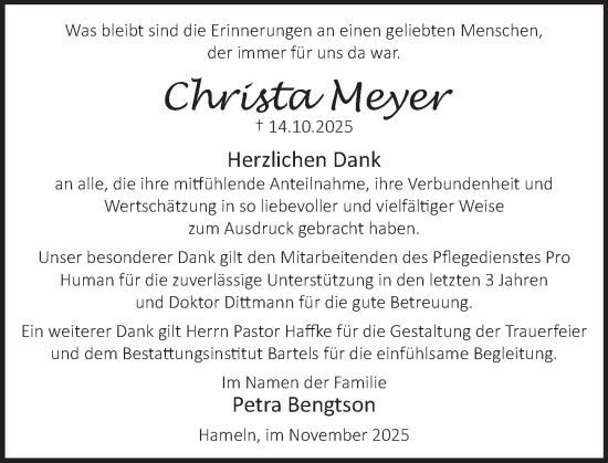 Traueranzeige von Christa Meyer von Deister- und Weserzeitung