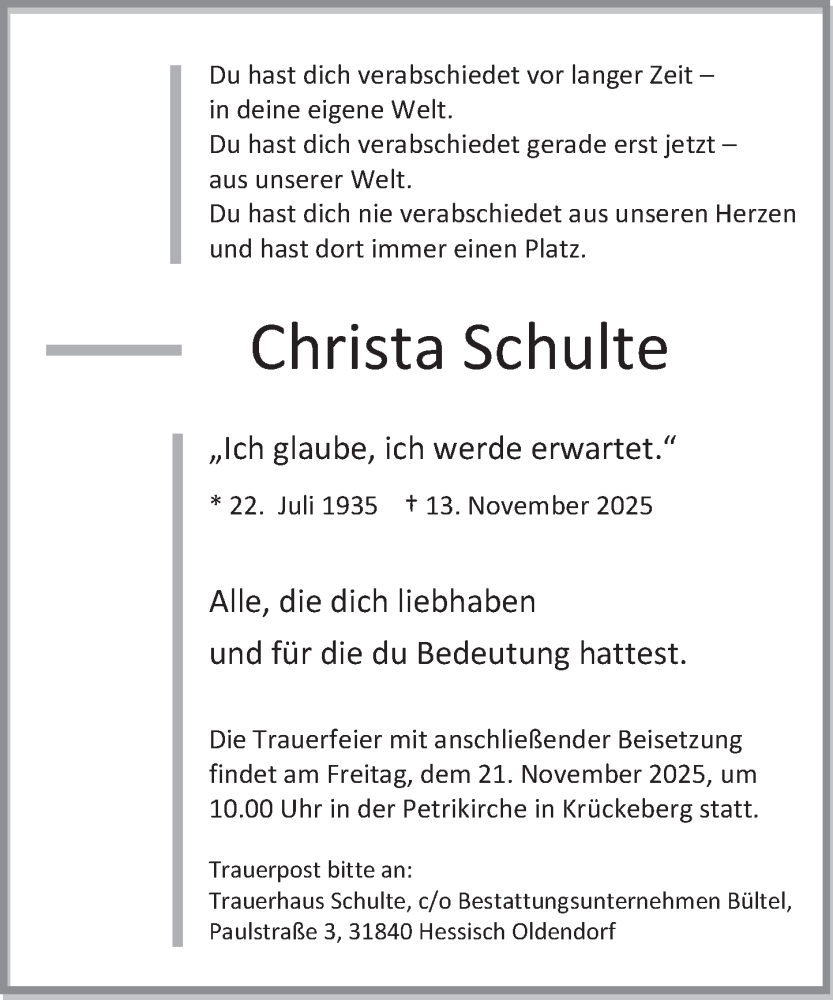  Traueranzeige für Christa Schulte vom 18.11.2025 aus Deister- und Weserzeitung