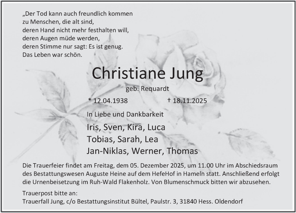  Traueranzeige für Christiane Jung vom 29.11.2025 aus Deister- und Weserzeitung
