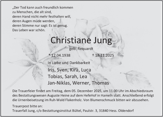 Traueranzeige von Christiane Jung von Deister- und Weserzeitung