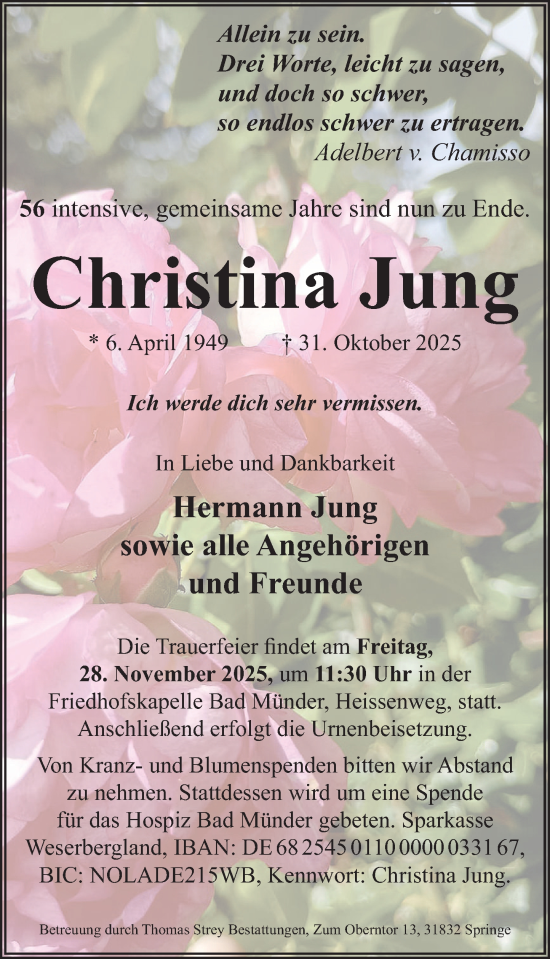 Traueranzeige von Christina Jung von Neue Deister-Zeitung
