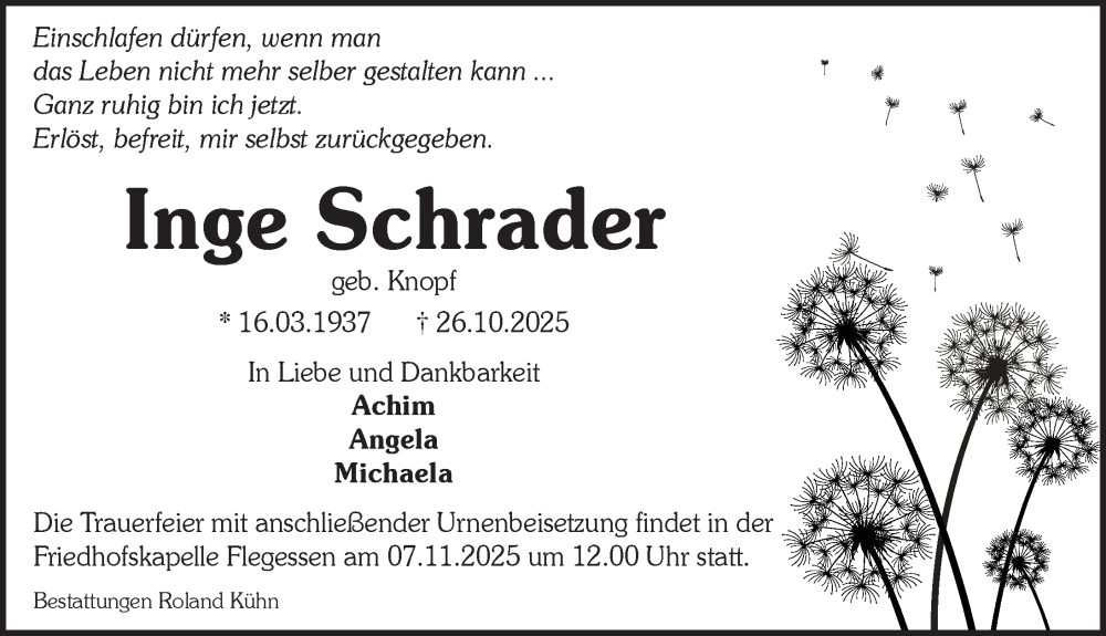  Traueranzeige für Inge Schrader vom 01.11.2025 aus Neue Deister-Zeitung