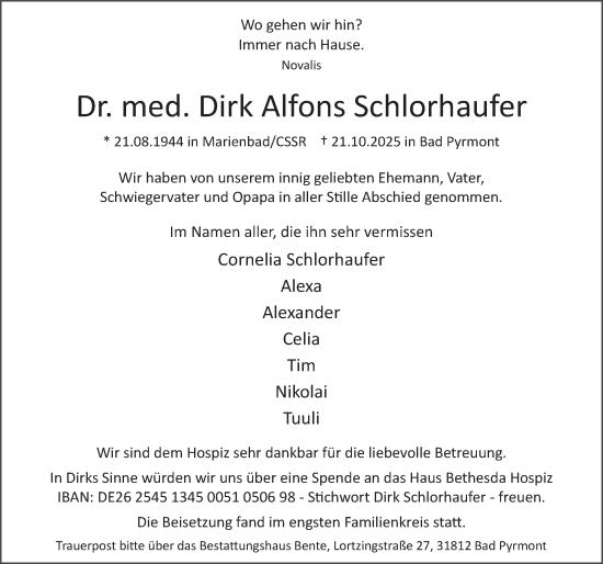 Traueranzeige von Dirk Alfons Schlorhaufer von Deister- und Weserzeitung