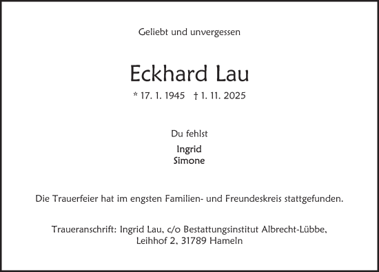 Traueranzeige von Eckhard Lau von Deister- und Weserzeitung