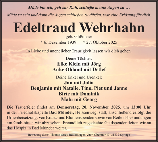 Traueranzeige von Edeltraud Wehrhahn von Neue Deister-Zeitung