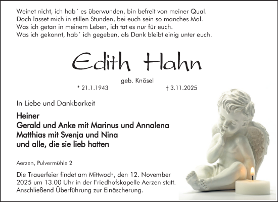 Traueranzeige von Edith Hahn von Deister- und Weserzeitung