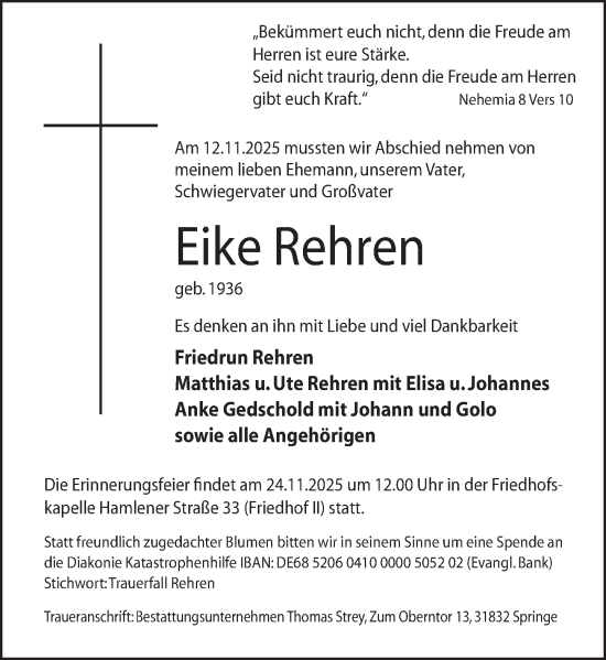 Traueranzeige von Eike Rehren von Neue Deister-Zeitung