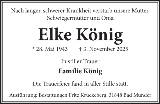 Traueranzeige von Elke König von Neue Deister-Zeitung