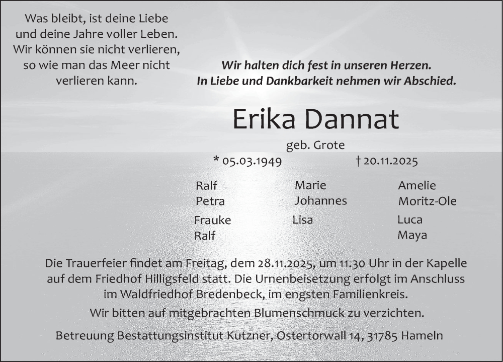  Traueranzeige für Erika Dannat vom 26.11.2025 aus Deister- und Weserzeitung