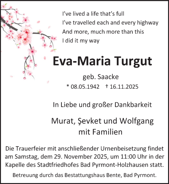 Traueranzeige von Eva-Maria Turgut von Deister- und Weserzeitung