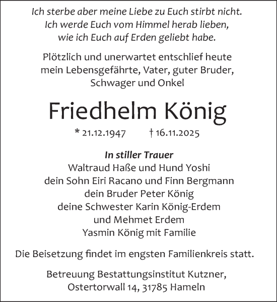 Traueranzeige von Friedhelm König von Deister- und Weserzeitung