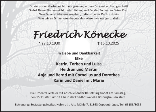 Traueranzeige von Friedrich Könecke von Deister- und Weserzeitung