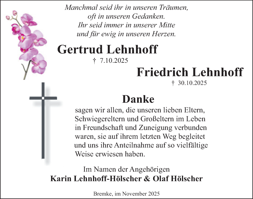 Traueranzeige für Friedrich Lehnhoff vom 29.11.2025 aus Deister- und Weserzeitung