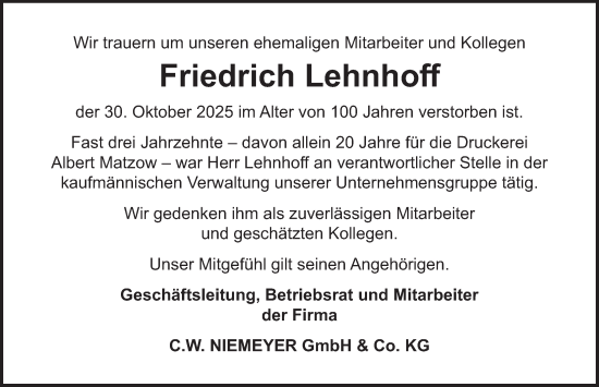 Traueranzeige von Friedrich Lehnhoff von Deister- und Weserzeitung