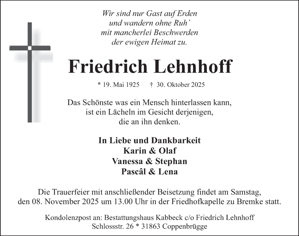  Traueranzeige für Friedrich Lehnhoff vom 05.11.2025 aus Deister- und Weserzeitung