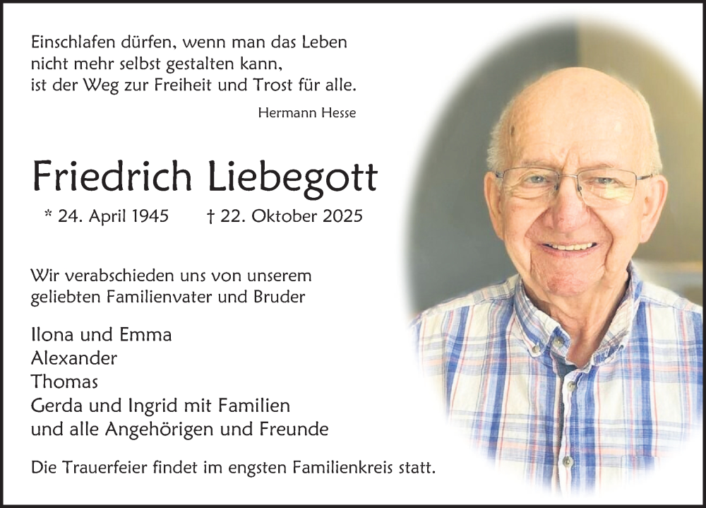  Traueranzeige für Friedrich Liebegott vom 08.11.2025 aus Deister- und Weserzeitung