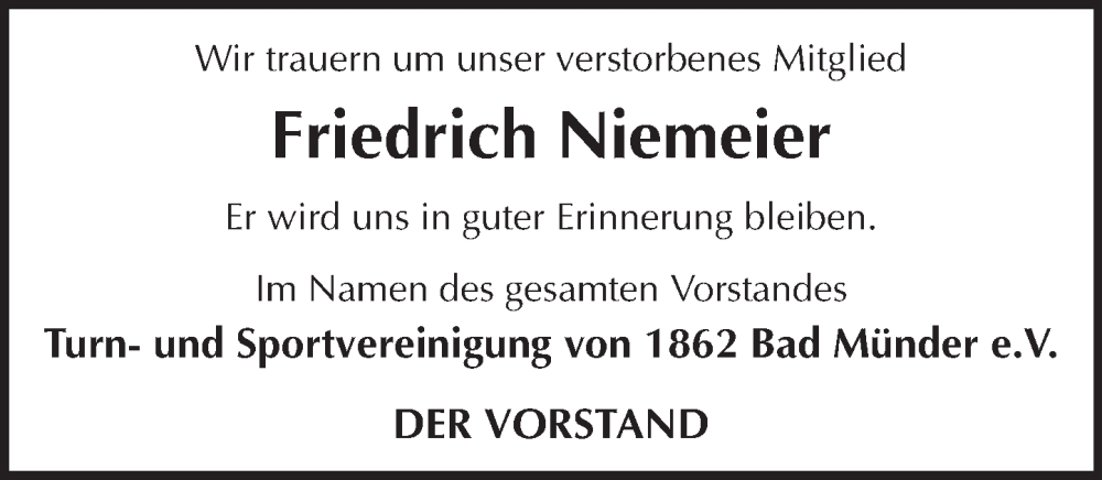 Traueranzeige für Friedrich Niemeier vom 22.11.2025 aus Neue Deister-Zeitung