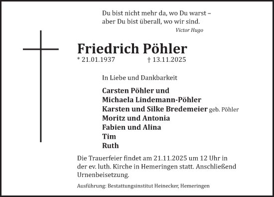 Traueranzeige von Friedrich Pöhler von Deister- und Weserzeitung
