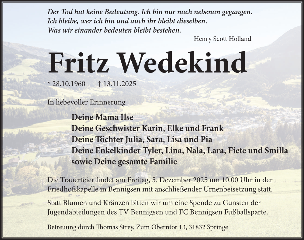  Traueranzeige für Fritz Wedekind vom 29.11.2025 aus Neue Deister-Zeitung