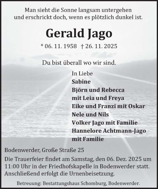 Traueranzeige von Gerald Jago von Deister- und Weserzeitung