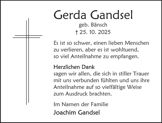 Traueranzeige von Gerda Gandsel von Deister- und Weserzeitung