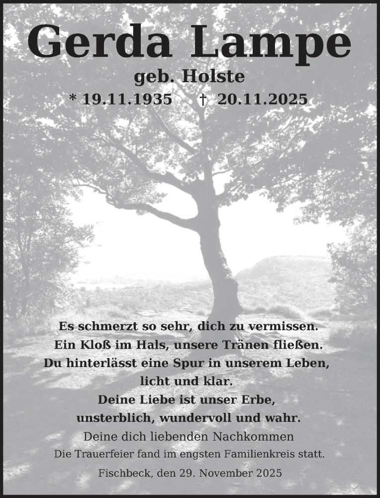  Traueranzeige für Gerda Lampe vom 01.12.2025 aus Deister- und Weserzeitung