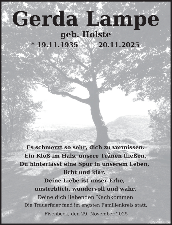 Traueranzeige von Gerda Lampe von Deister- und Weserzeitung