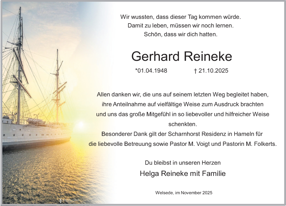  Traueranzeige für Gerhard Reineke vom 29.11.2025 aus Deister- und Weserzeitung