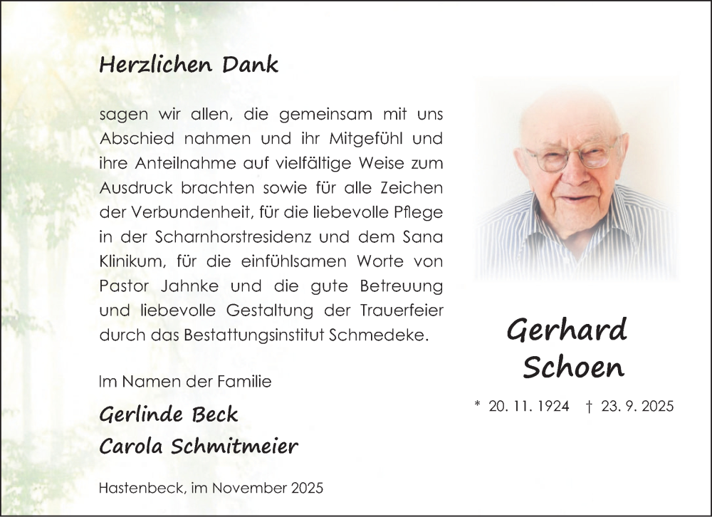  Traueranzeige für Gerhard Schoen vom 08.11.2025 aus Deister- und Weserzeitung