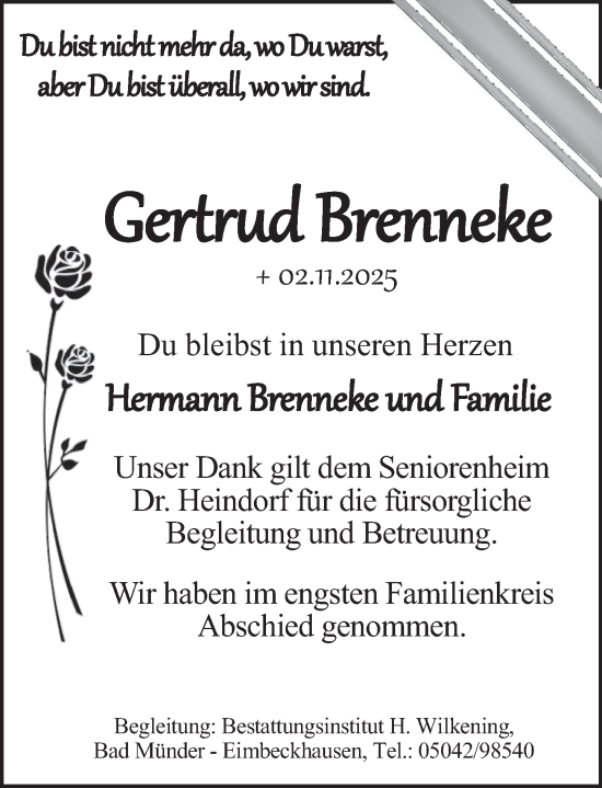 Traueranzeige von Gertrud Brenneke von Neue Deister-Zeitung