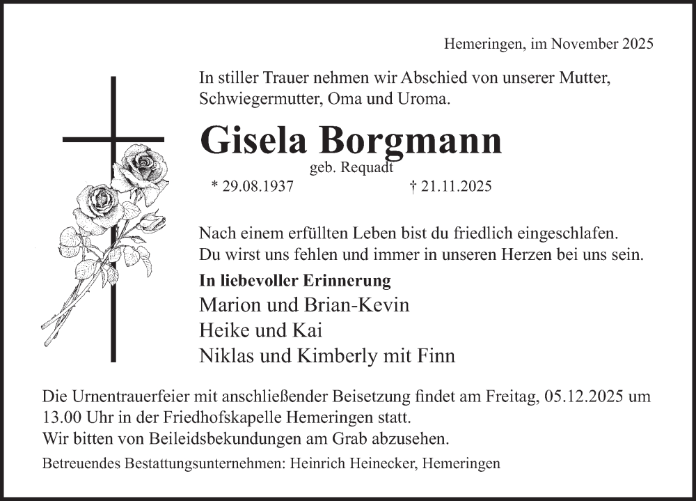  Traueranzeige für Gisela Borgmann vom 29.11.2025 aus Deister- und Weserzeitung