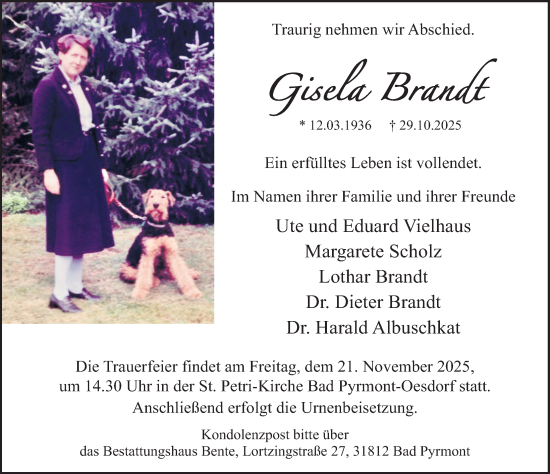 Traueranzeige von Gisela Brandt von Deister- und Weserzeitung