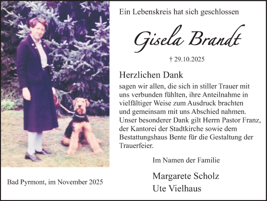 Traueranzeige von Gisela Brandt von Deister- und Weserzeitung