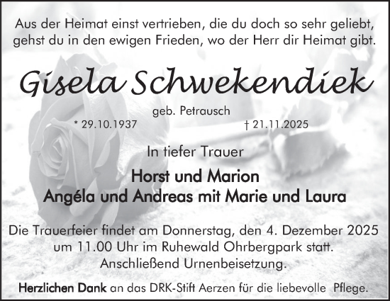 Traueranzeige von Gisela Schwekendiek von Deister- und Weserzeitung