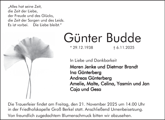 Traueranzeige von Günter Budde von Deister- und Weserzeitung