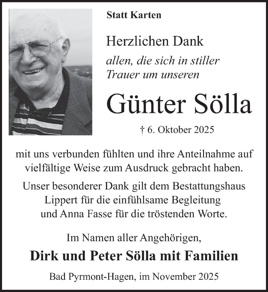  Traueranzeige für Günter Sölla vom 08.11.2025 aus Deister- und Weserzeitung