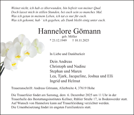 Traueranzeige von Hannelore Gömann von Deister- und Weserzeitung