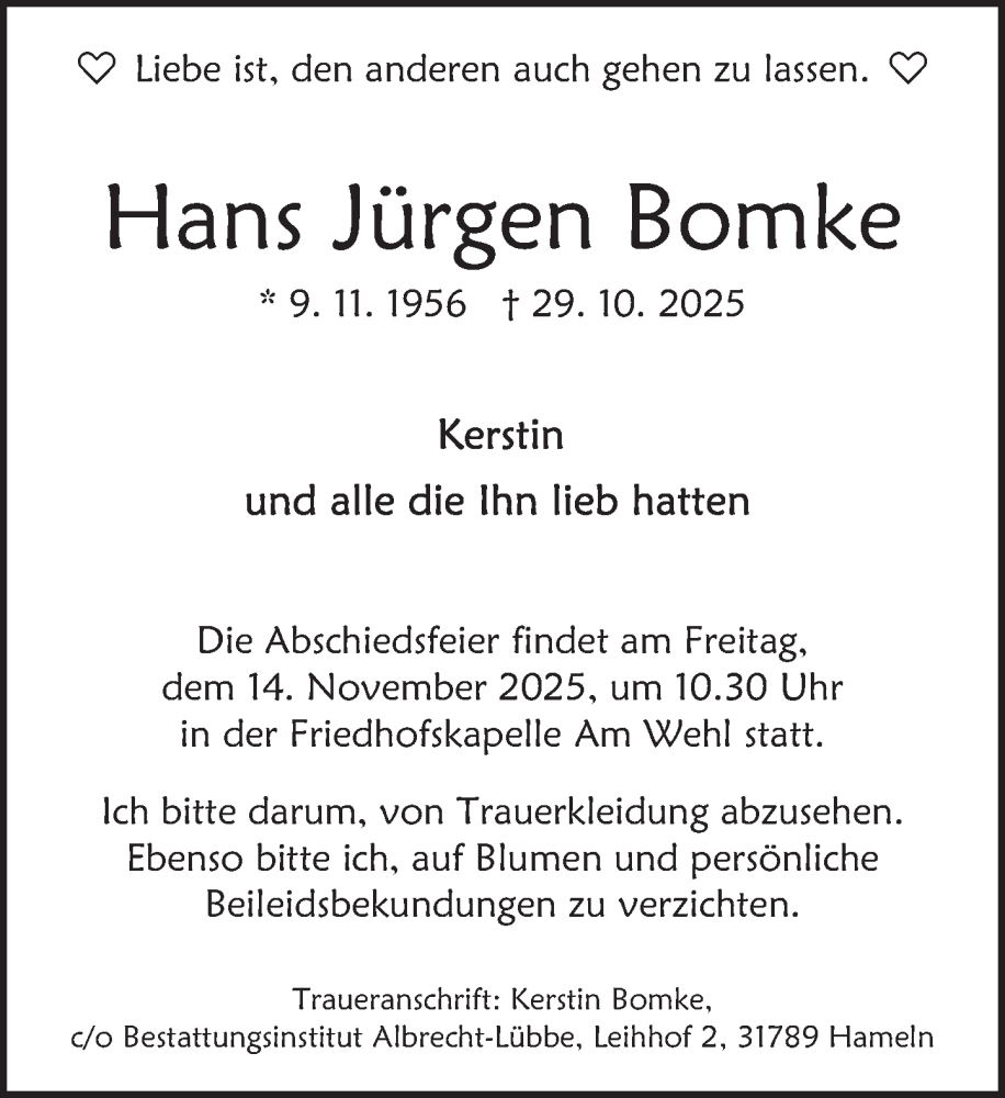  Traueranzeige für Hans Jürgen Bomke vom 08.11.2025 aus Deister- und Weserzeitung