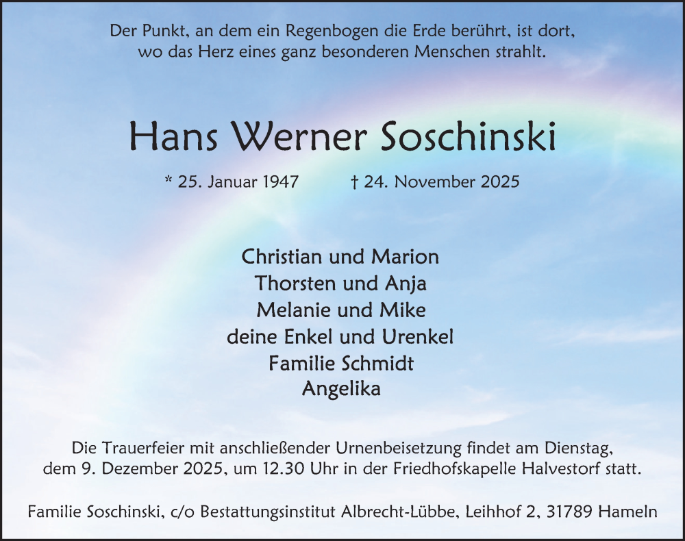  Traueranzeige für Hans Werner Soschinski vom 29.11.2025 aus Deister- und Weserzeitung
