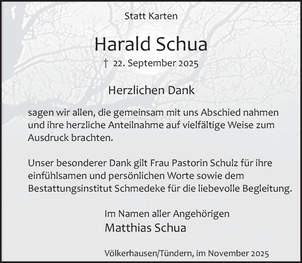  Traueranzeige für Harald Schua vom 15.11.2025 aus Deister- und Weserzeitung