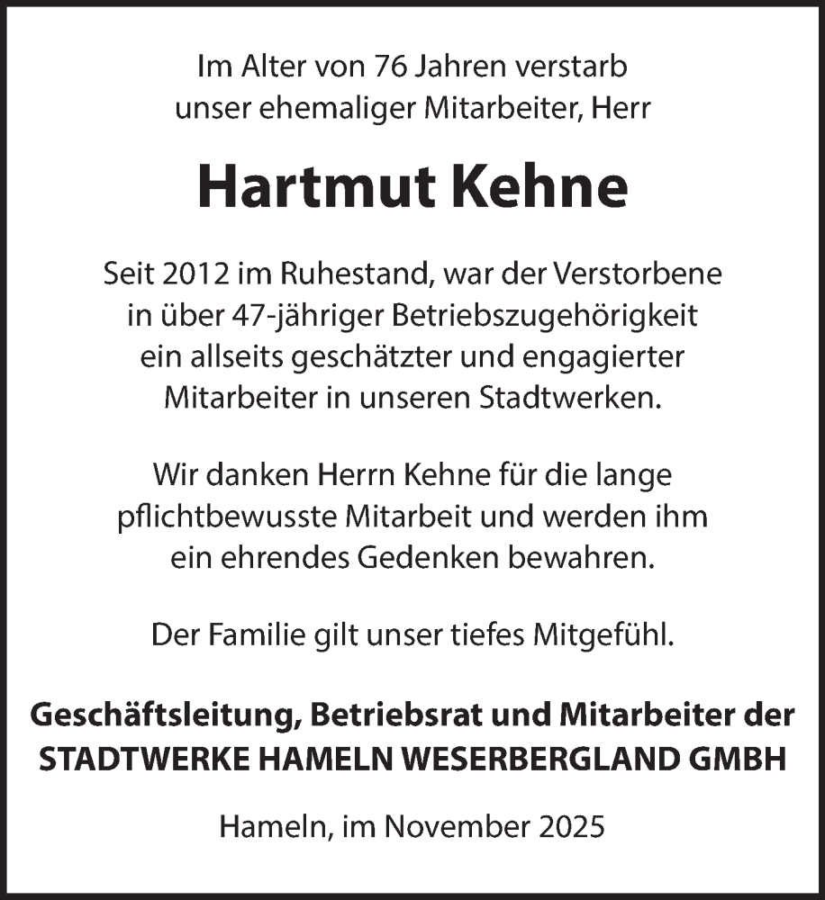  Traueranzeige für Hartmut Kehne vom 08.11.2025 aus Deister- und Weserzeitung