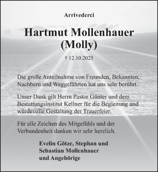Traueranzeige von Hartmut Mollenhauer von Deister- und Weserzeitung