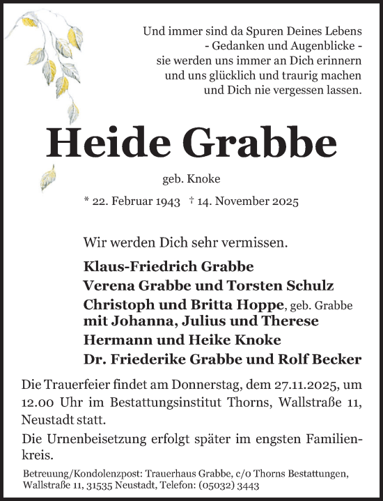 Traueranzeige von Heide Grabbe von Deister- und Weserzeitung