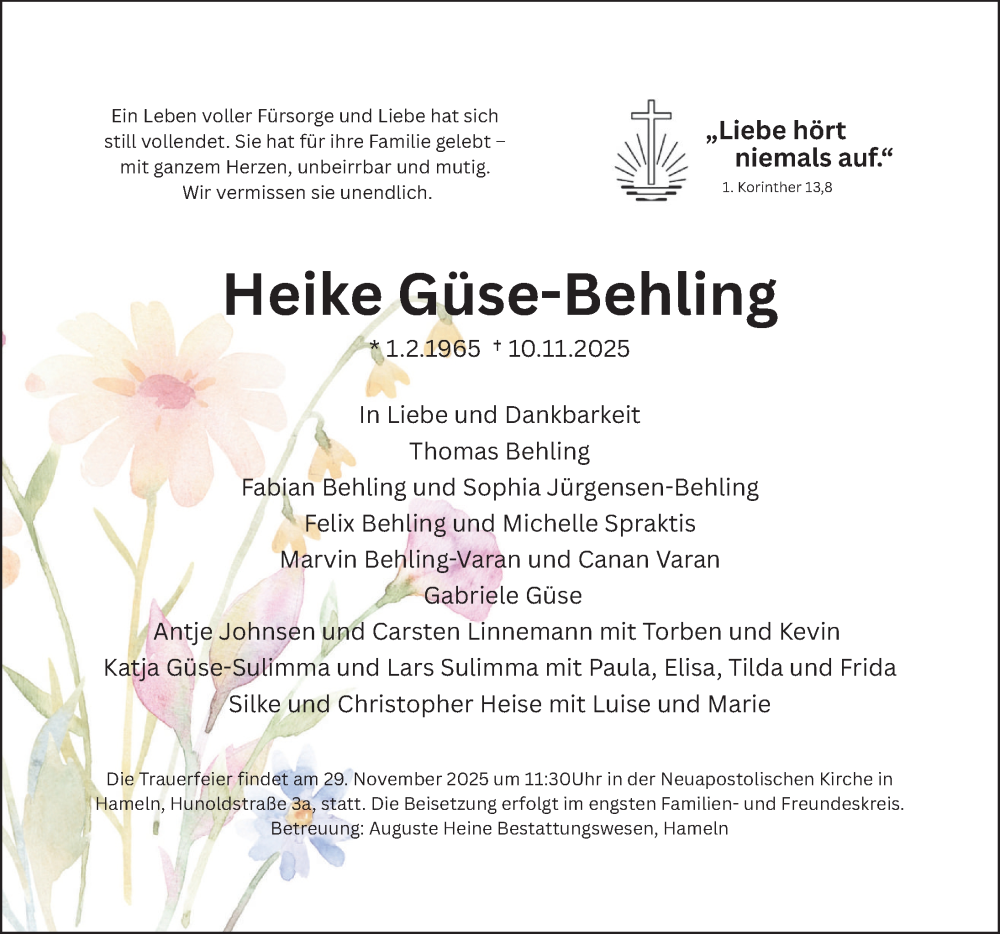  Traueranzeige für Heike Güse-Behling vom 15.11.2025 aus Deister- und Weserzeitung