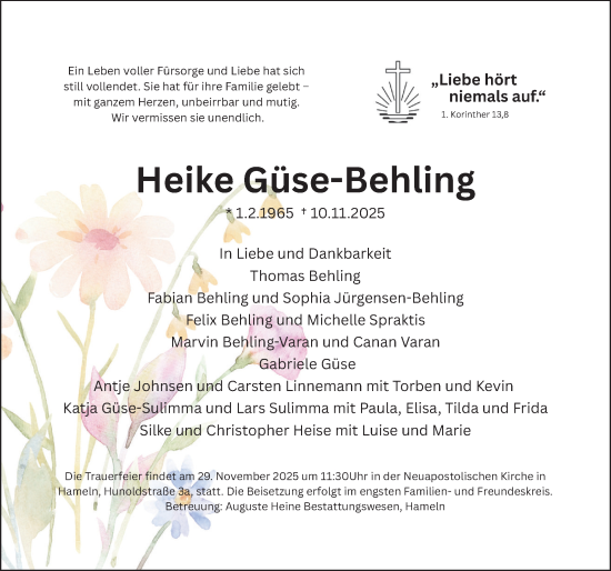 Traueranzeige von Heike Güse-Behling von Deister- und Weserzeitung